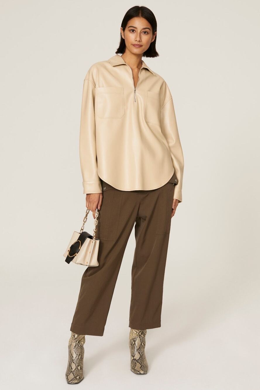 Saylor Remi Beige Faux Leather Long Sleeve Quarter Zip Collared Top Size Large